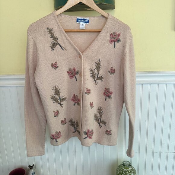 Pendleton Womens Floral Embroidered Cardigan Sweater Button Front Wool Blend M - Picture 1 of 8